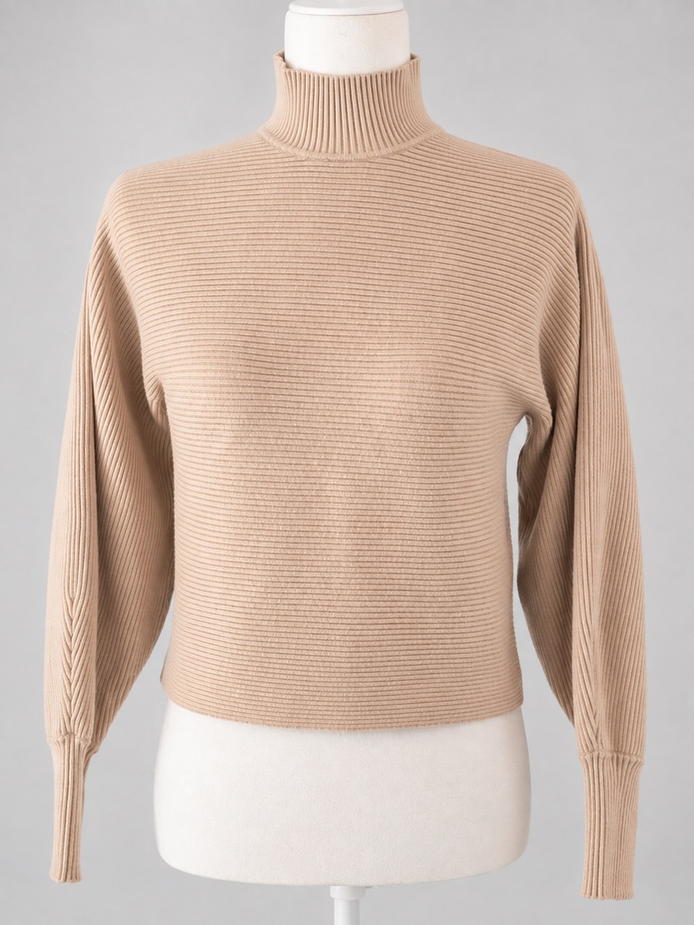 Zara Beige Ribbed Turtleneck Sweater Balloon Sleeve Knit Top S